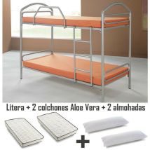 Hogar24 - Litera Metálica + 2 Colchónes Flexitex Aloe Vera + 2 Almohadas de Fibra 90x200cm