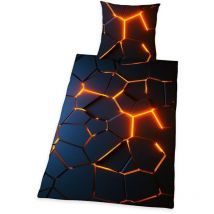 Herding - Literie coton 140x200 Lava 3D bleu marine orange taie d'oreiller 70x90 H23