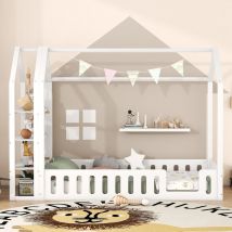 Lit enfant cabane 90x200cm avec 3 étagères et barrières de sécurité - Blanc