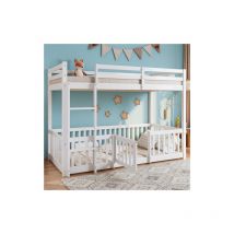 Lit superposé enfant 90x200 cm, cadre de lit en bois avec escalier, clôtures et portes, lit au sol, blanc, sans matelas