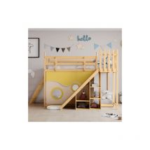 Lits superposés, lit en bois avec escalier et clôture, rideau de lit, toboggan et étagères,naturel (90x200cm)