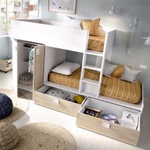 Dekit - Lits Superposés 2 X 90 X 190 Cm - Armoire Intégrée - Blanc Et Naturel - Juanito