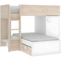 Lits superposés d&#x27;angle réversibles ricardo - 2 x 90 x 190 cm - Rangements intégrés - Chêne et blanc