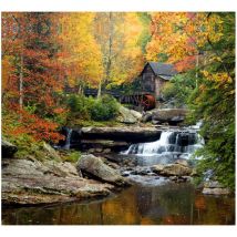 Rideau imprimé décors d' automne cabane en bois roue à aube et végétation 280x245 cm, 2 pièces