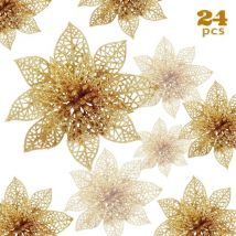 Fleurs de Noël, 24 fleurs de Noël scintillantes, fleur de Noël scintillante creuse, poinsettia arbre de Noël fleurs artificielles décor ornement,