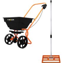 Monster Shop - Livella Prato 50cm & Spargitore Rotante Fertilizzante Giardino 25kg Manico Estendibile 1.15-1.9m Rastrello Ghiaia Semi Arancione con