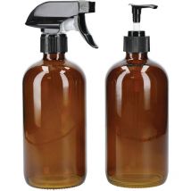 Kitchencraft - Living Nostalgia Juego de Botellas de Vidrio Ámbar con Bomba y Pulverizador, 2 Botellas Rellenables con Etiquetas para Limpieza,