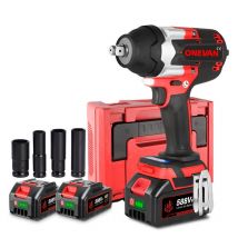Onevan - Llave de Impacto Inalámbrica 1000Nm , 3 velocidades,1/2' Pistola de Impacto Electrica con dos baterías de 3,0 Ah y 4 vasos - rojo