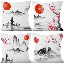 45x45cm Lot de 4 Japonais Housse de Coussin Rouge Soleil Noir Et Blanc Paysage Mont Fuji Lin De Coussincarré Taie d'oreiller Été Decoration Taverne