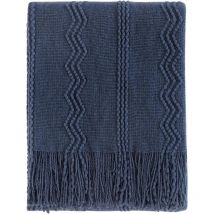 Couverture en laine tricotée en losanges, couverture de canapé solide et douce, couverture décorative en tricot, bleu marine, 127 x 172 cm - Lntyq