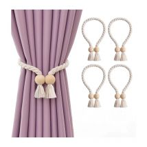 Lot de 4 Embrasses Magnétiques en Bois Boule pour Rideaux de la Maison et du Bureau - Accroche-Rideaux Style Bohème - Corde en Coton Naturel Tissée à