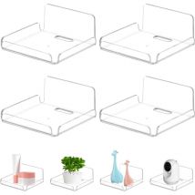 Lot de 4 petites étagères flottantes en acrylique pour mur, étagère murale flottante adhésive, petite étagère transparente sans perçage, étagères