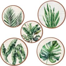 Lot de 5 décorations murales en bois - Style bohème - Décoration murale ronde pour chambre à coucher - Plantes tropicales Monstera vert - Décoration