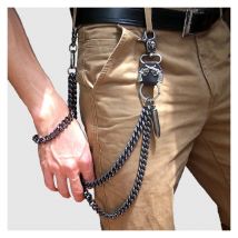 Mode Chaîne de Pantalon Homme Hip-hop Punk Porte-clés en métal Chaînes à 2 rangées Jeans Rock Chaîne de portefeuille Biker Ceinture taille Solide