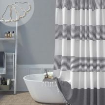 Rideau de douche en tissu long, 78 pouces de long, rideau de douche à franges en coton à rayures bohèmes grises et blanches, rideau de douche haut