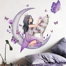 Stickers Chambre Fille, Décalque Mural Lune Loup Fleur Fée, 7075 cm Stickers Muraux Chambre Fille, Decoration Chambre Fille, Stickers Muraux Papillon