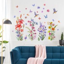 Stickers Muraux Fleurs Colorées Stickers Muraux Fleur de Jardin Autocollant Mural Plante Papillon Floral Oiseau Décoration Murale pour Décoration du