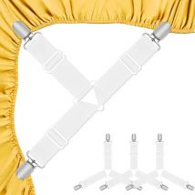 Lntyq Tendeur Drap Housse, Set de 4 Pièces Blanches Aattache Drap Housse, Élastiques Ajustables Sangle Drap Housse avec Pinces Métalliques pour Draps