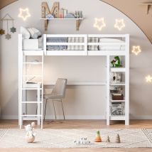 Blanketswarm - Loft lit blanc 90x200 enfants,lit 90x200 avec barrière et sommier à lattes,lit mezzanine avec bureau,lit d'enfant en bois massif,lit