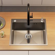 Lonheo - Auralum Évier Cuisine 1 Bac 54x49x20CM Évier à encastrer en Acier Inox avec Distributeur de savon et Système de Drainage, Gris-noir