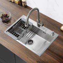 Lonheo - vier 1 Bac 68x45x19CM Évier à Encastrer en Acier Inox 304 Évier Cuisine Brossé avec Distributeur de savon, Égouttoir panier et Ensemble de