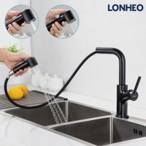 Lonheo - Grifo Cocina Extraíble de acero inoxidable Negro, Grifo de Cocina con Ducha Extraíble 40cm, 360° Giratorio Fregadero Monomando Cocina con