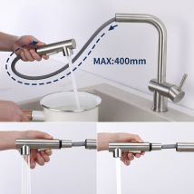 Lonheo - Grifo de cocina de 2 funciones Giratorio 360 grado con ducha extraíble 40cm Grifo Mezclador de fregadero de acero inoxidable de 7 Formas con