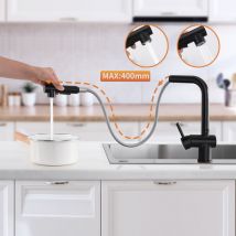 Lonheo - Grifo de cocina extraible de acero inoxidable negro mate, Giratorio a 360° Grifo de cocina monomando con caño extraíble de 2 modos, Grifo de