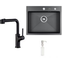 Lonheo - Fregadero de Cocina 55x45cm Acero inoxidable Cepillado + Negro Grifo de cocina con ducha extraíble 2 Funciones, con Dispensador de Jabón