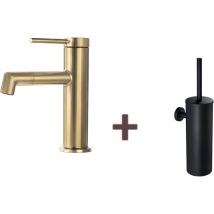 Lonheo - Mitigeur de Lavabo Doré Rotatif à 360°,Eau Chaude/Froide,Barboteur Démotable+Brosse Toilettes wc Suspendu avec Support de Brosse, Acier
