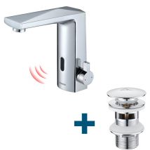 Lonheo - Rubinetto con sensore a infrarossi Rubinetto automatico per lavabo + Set di scarico con troppopieno, Miscelatore monocomando Rubinetto per