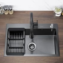 Lonheo - vier 1 Bac 68x45x19CM Évier Cuisine en Acier Inoxydable avec Distributeur de Savon et Égouttoir Panier, Évier Noir Montage à Encastrer et à