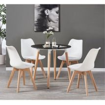 Pn Home - Halo Round Lorenzo Dining Set - a Black Wooden Dining Table and Set of 4 White Polypropylene Dining Chairs - Dining Room Kitchen