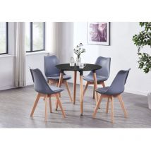 Pn Home - Halo Round Lorenzo Dining Set - a Black Wooden Dining Table and Set of 4 Grey Polypropylene Dining Chairs - Dining Room Kitchen