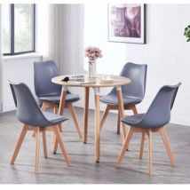 Rundes Esszimmerset "Halo Lorenzo" – ein Esstisch aus Eichenholz und ein Set mit 4 grauen Esszimmerstühlen aus Polypropylen – Esszimmerküche