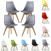Lorenzo Retro Dining Chair - Faux Leather Padded, Plastic body, and Solid wooden legs - Grey - Set of 4