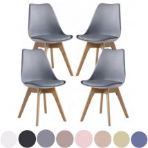 Lorenzo Retro Dining Chair - Faux Leather Padded, Plastic body, and Solid wooden legs - Grey - Set of 4