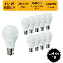 Lot 10 ampoules led B22 11,1W 1055Lm 6400K - garantie 5 ans
