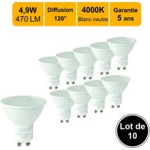 Lot de 10 ampoules led GU10 4.9W 400Lm 4000K - garantie 5 ans
