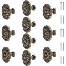 Lot de 10 boutons de meuble ronds en bronze antique avec fleurs - 35 mm - Vintage - Pour tiroir de placard de cuisine - Poignée de tiroir en bronze