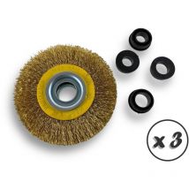 Lot de 3 brosses circulaires laiton ø 100 mm Epaisseur 3 rangs Fil souple 0.20 mm ondulé Alésage 16 mm Touret meuleuse affûteuse ponceuse Brossage