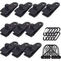 Lot de 10 Clips de bâche support de bâche pour extérieur avec Attache en Toile et Cordon élastique + Mousqueton en Forme de D pour bâches, auvents,