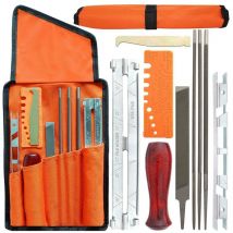 Lot de 10 limes d'affûtage pour chaîne de tronçonneuse - Avec lime ronde - Guides d'affûtage - Jauge de profondeur - Avec sac en tissu