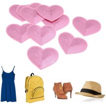 Feiyue - Lot de 10 patchs thermocollants en forme de cœur rose pour vêtements, kit de réparation et de décoration, patchs à paillettes à coudre sur