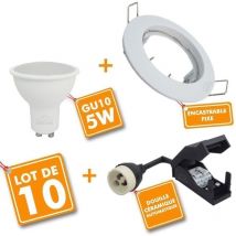 Lot de 10 Spot encastrable fixe complet blanc avec GU10 led de 5W eq 50W Température de Couleur: Blanc chaud 2700K