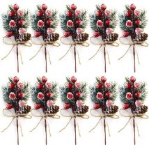 Cyslmuk - Lot de 10 tiges de Baies de Noël Rouges de 20 cm - Petits Pics et Sprays de Noël artificiels avec Pommes de pin, Houx, Baies de Noël,