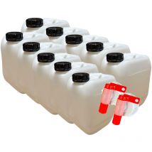 Lot de 10 x Jerrican Bidon Plastique 10 Litres avec Bouchon Étanche et 2 Robinets Verseurs