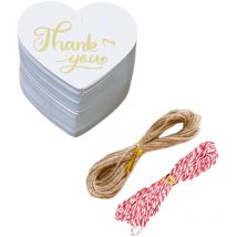 Lot de 100 étiquettes cadeaux de remerciement en forme de cœur avec ficelle, blanches, haut de gamme, 300 g/m², personnalisées, pour emballage