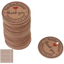 Lot de 100 étiquettes cadeaux rondes en papier kraft faites à la main, étiquettes de remerciement, étiquettes à suspendre pour cadeaux de mariage,