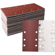 Lot de 100 feuilles abrasives 93 x 185 mm - Papier abrasif carré auto-agrippant 8 trous - 120 grains assortis - le polissage et l'élimination de la